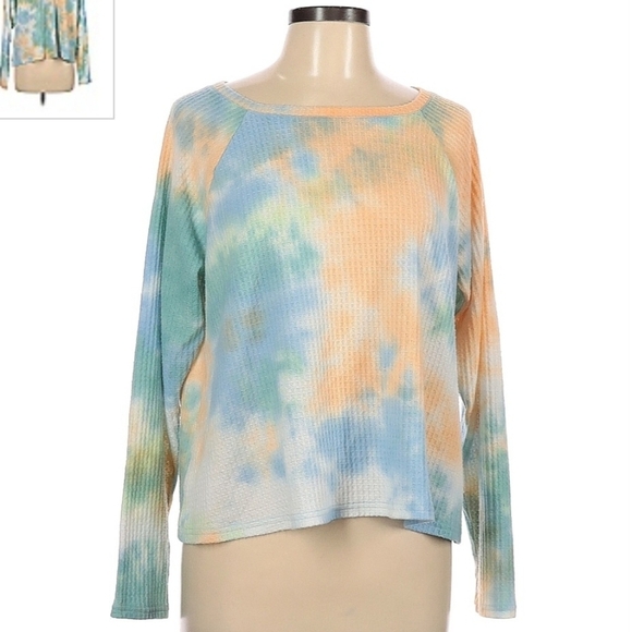 BP. Tie Dye Thermal Long Sleeve Waffle Knit Top Women's Large L Blue Orange EUC - Picture 1 of 9